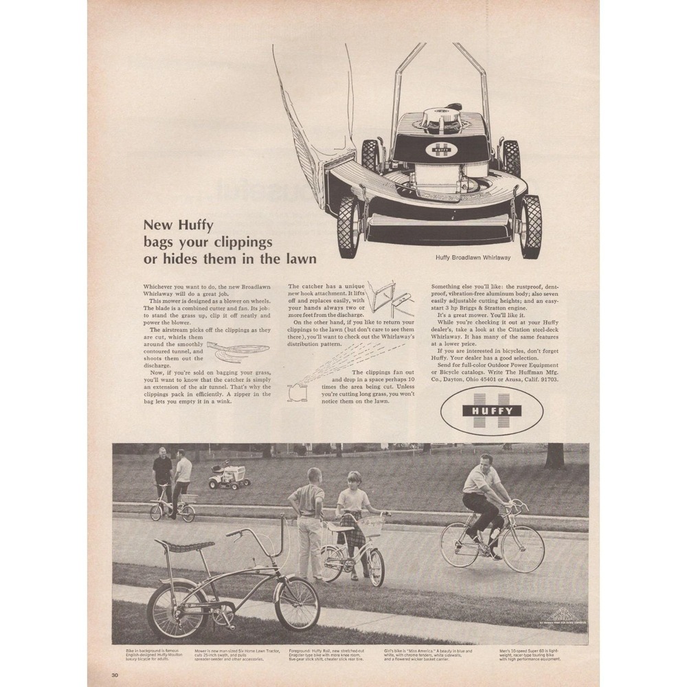 1967 Huffy‎ Lawn Mower Broadlawn Whirlaway Bicycle Bikes Vintage Print Ad